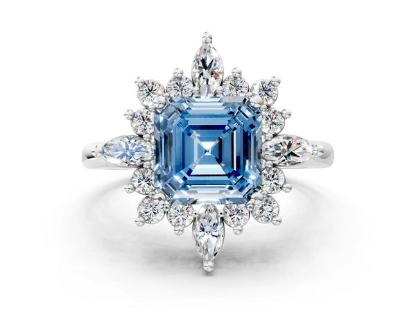 Platinum Fancy Blue Asscher Cut Halo Diamond Cluster Ring with Marquise and Round Stones on a White Gold Band with Prong Setting