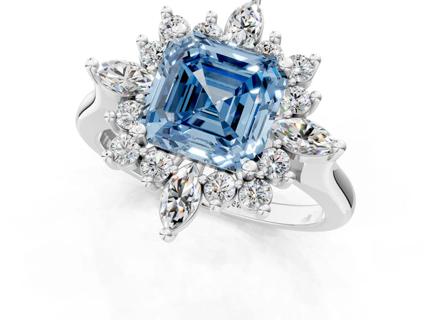 Platinum Fancy Blue Asscher Cut Halo Diamond Cluster Ring with Marquise and Round Stones on a White Gold Band with Prong Setting