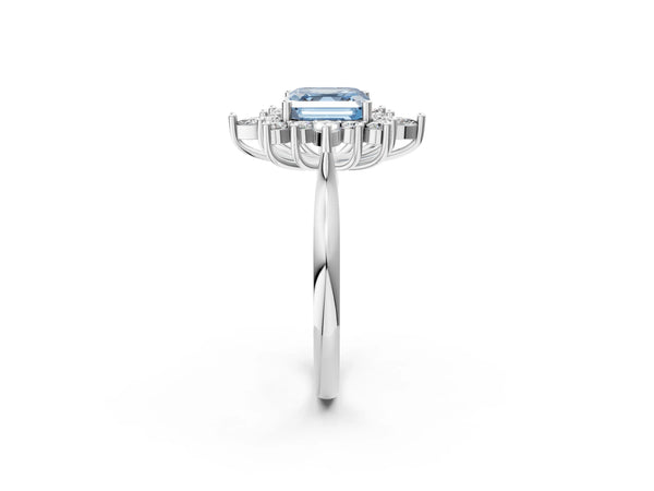 Platinum Fancy Blue Asscher Cut Halo Diamond Cluster Ring with Marquise and Round Stones on a White Gold Band with Prong Setting