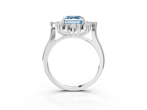 Platinum Fancy Blue Asscher Cut Halo Diamond Cluster Ring with Marquise and Round Stones on a White Gold Band with Prong Setting