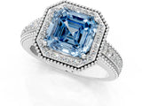 Platinum Fancy Blue Asscher Cut Halo Diamond Ring with Beaded Split Shank and Four-Prong Setting_7
