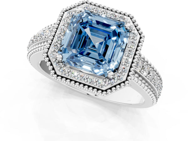 Platinum Asscher Cut Beaded Halo Engagement Ring Setting for Fancy Blue Center with Pave
