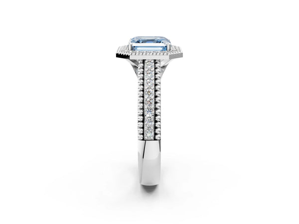 Platinum Asscher Cut Beaded Halo Engagement Ring Setting for Fancy Blue Center with Pave