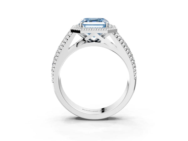 Platinum Asscher Cut Beaded Halo Engagement Ring Setting for Fancy Blue Center with Pave