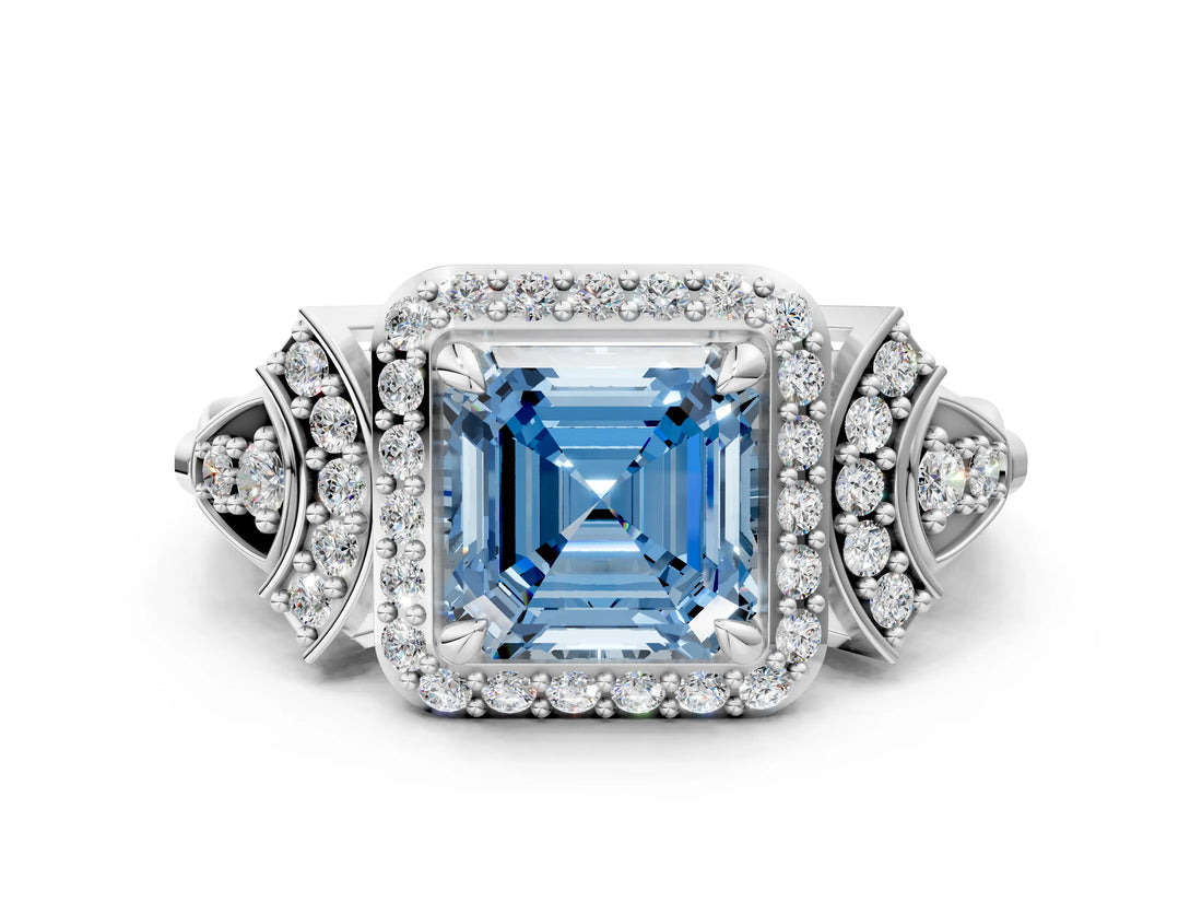 Platinum Fancy Blue Asscher Cut Halo Diamond Split Shank Engagement Ring with Four-Prong Setting_6
