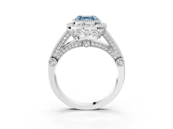 Platinum Asscher Cut Vintage Bezel Halo Engagement Ring Setting for Fancy Blue Center