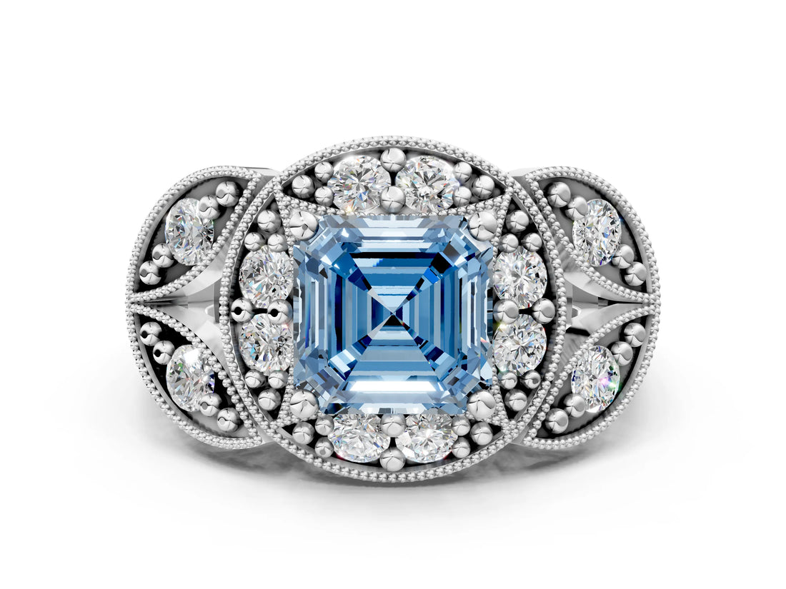 Platinum Fancy Blue Asscher Cut Halo Milgrain Diamond Engagement Ring with Leaf Band and Four-Prong Setting_12