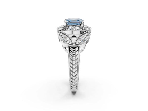 Platinum Fancy Blue Asscher Cut Halo Milgrain Diamond Engagement Ring with Leaf Band and Four-Prong Setting