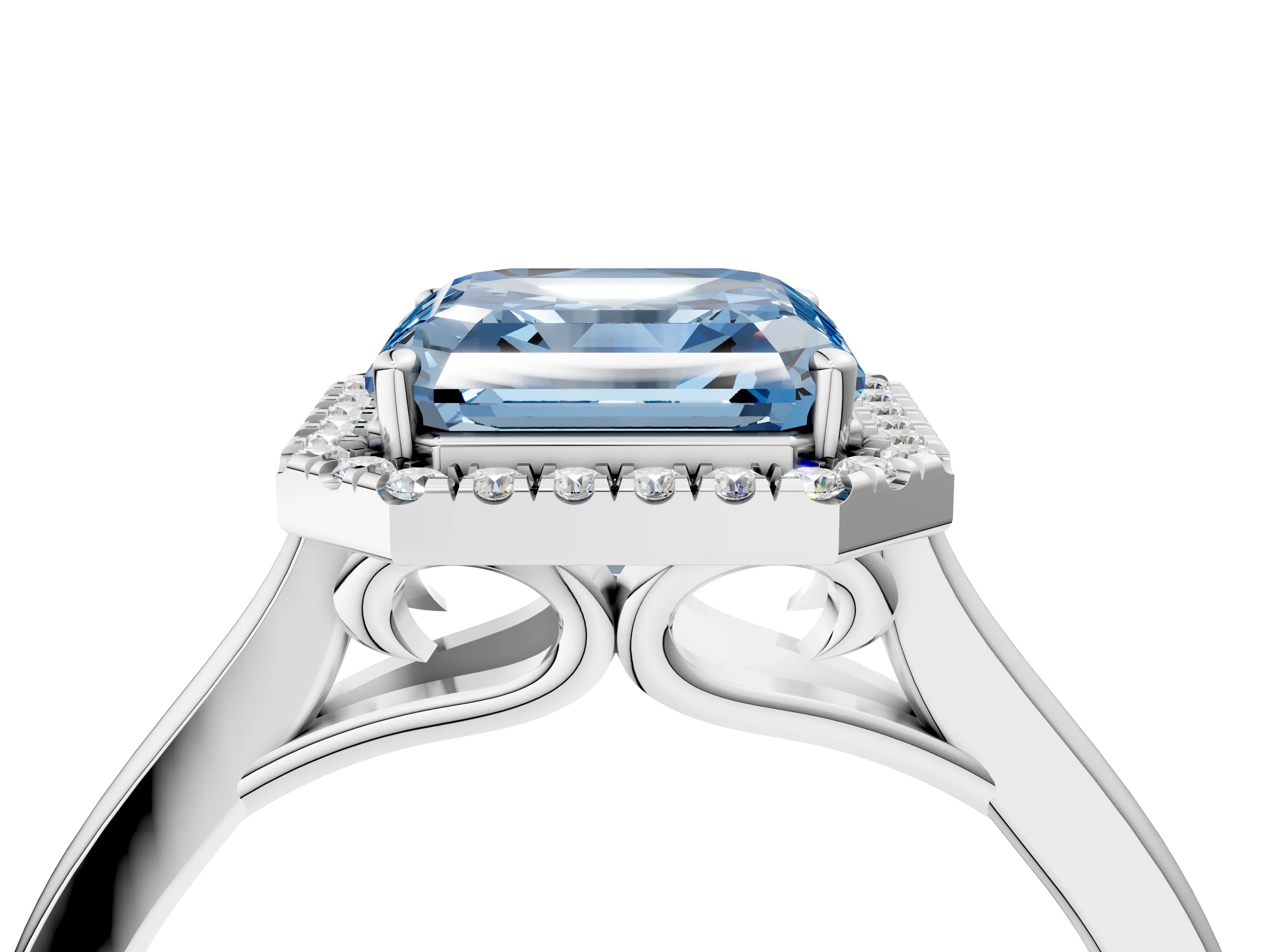 Platinum Fancy Blue Asscher Cut Halo Round Diamond Solitaire Ring with Pavé Band and Four-Prong Setting_28