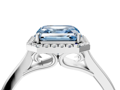 Platinum Fancy Blue Asscher Cut Halo Round Diamond Solitaire Ring with Pavé Band and Four-Prong Setting_28