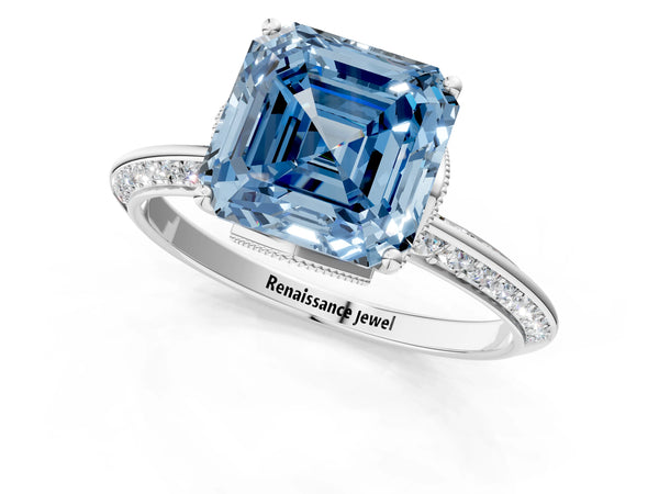 Platinum Fancy Blue Asscher Cut Solitaire Split Shank Pave Diamond Engagement Ring with Four-Prong Setting