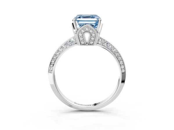 Platinum Fancy Blue Asscher Cut Solitaire Split Shank Pave Diamond Engagement Ring with Four-Prong Setting