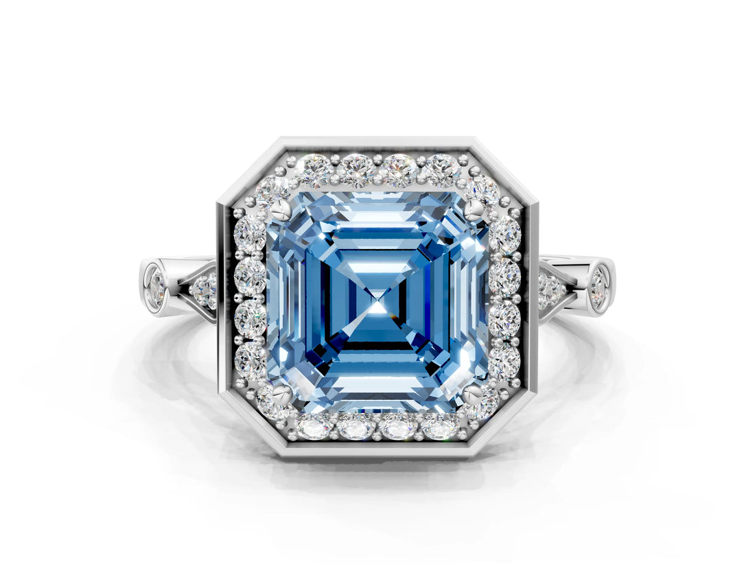 Platinum Fancy Blue Asscher  Halo Diamond Engagement Ring with Twisted Band and Four-Prong Setting 2