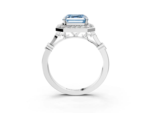 Platinum Fancy Blue Asscher  Halo Diamond Engagement Ring with Twisted Band and Four-Prong Setting