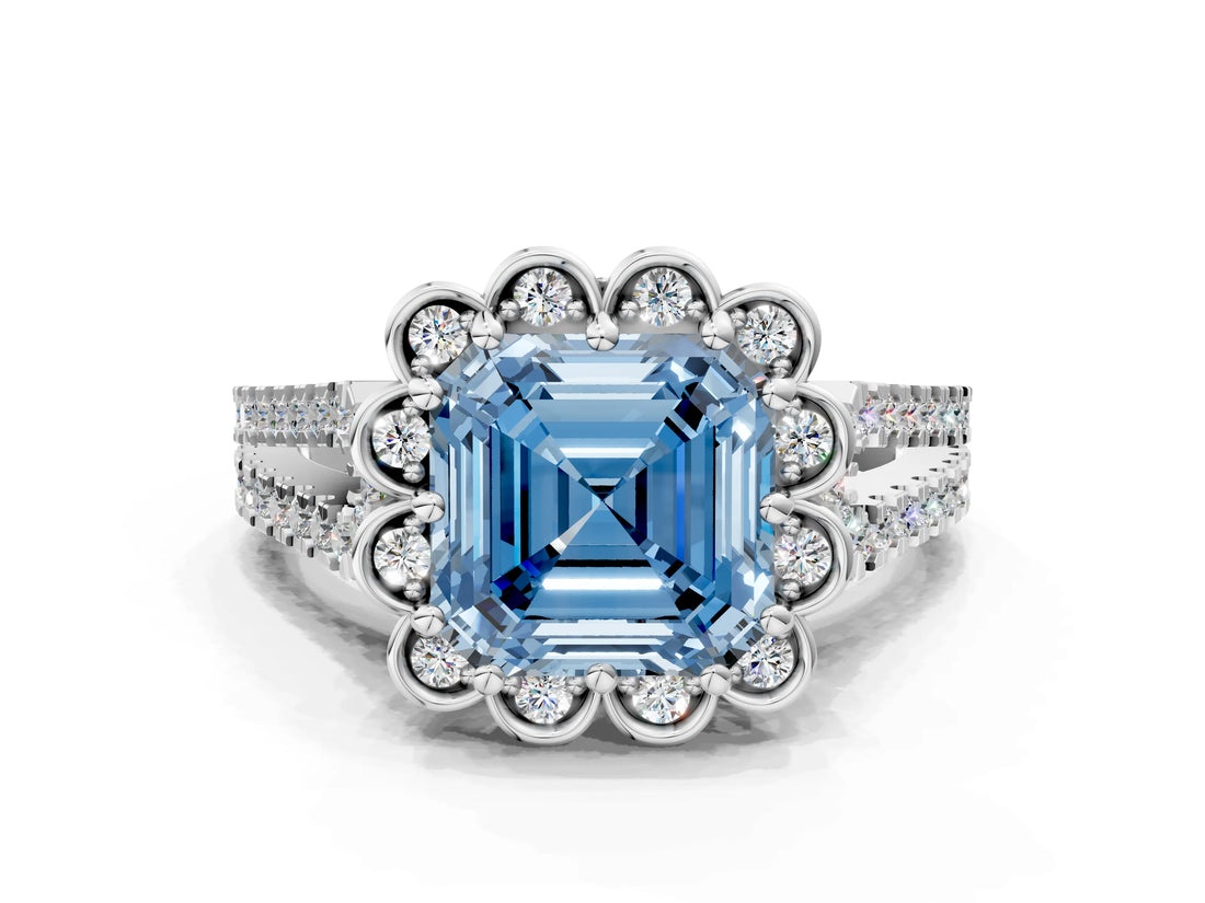 Platinum Fancy Blue Asscher  Halo Diamond Floral Split Shank Engagement Ring 1