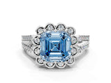 Platinum Fancy Blue Asscher  Halo Diamond Floral Split Shank Engagement Ring 1