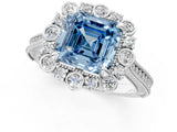 Platinum Fancy Blue Asscher  Halo Milgrain Pave Diamond Ring with Four-Prong Setting 2