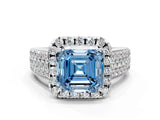 Platinum Fancy Blue Asscher  Halo Round Diamond Pave Band with Prong Setting 1