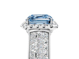 Platinum Fancy Blue Asscher  Halo Round Diamond Pave Band with Prong Setting