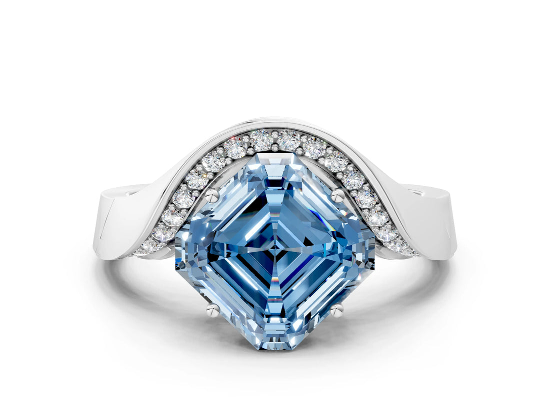 Platinum Fancy Blue Asscher  Solitaire Diamond Engagement Ring with Pave Band and Four-Prong Setting