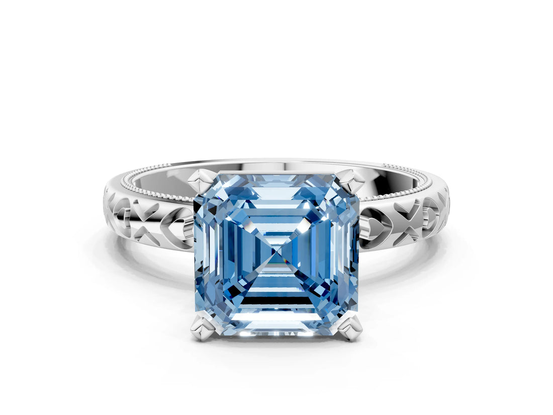 Platinum Fancy Blue Asscher  Solitaire Diamond Engagement Ring with XO Engraved Band and Four-Prong Setting