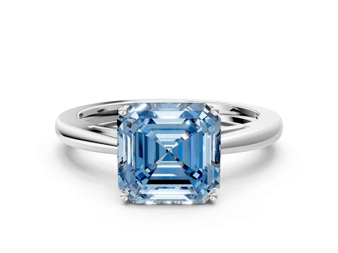 Platinum Fancy Blue Asscher  Solitaire Diamond Ring with Split Shank and Four-Prong Setting_12