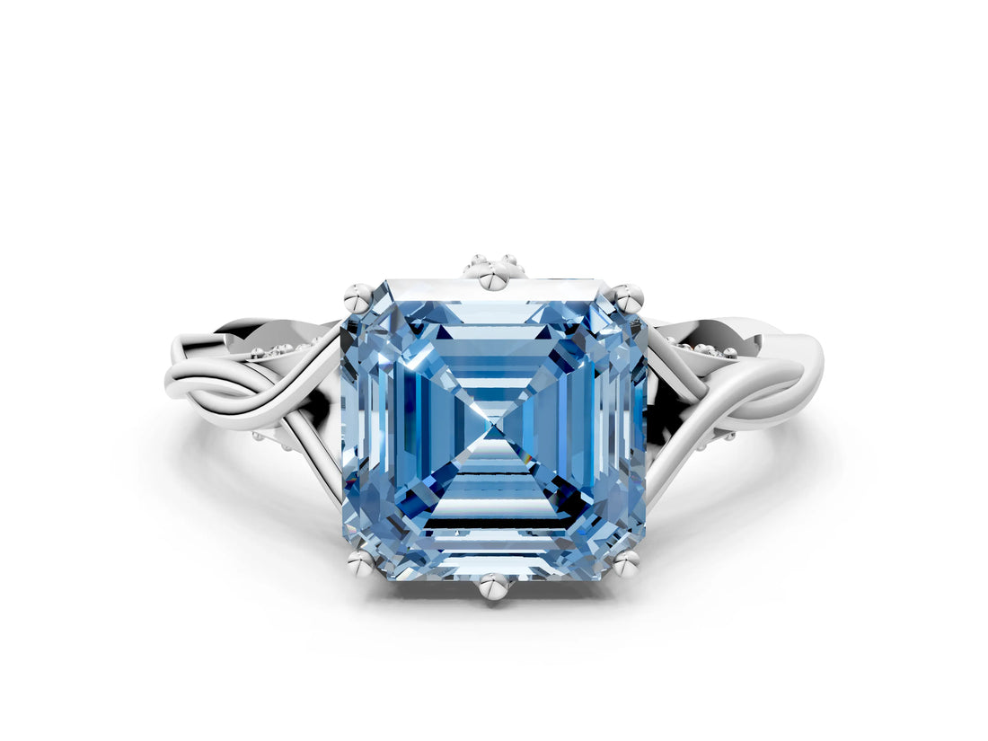 Platinum Fancy Blue Asscher  Solitaire Twist Band Six-Prong Setting 1