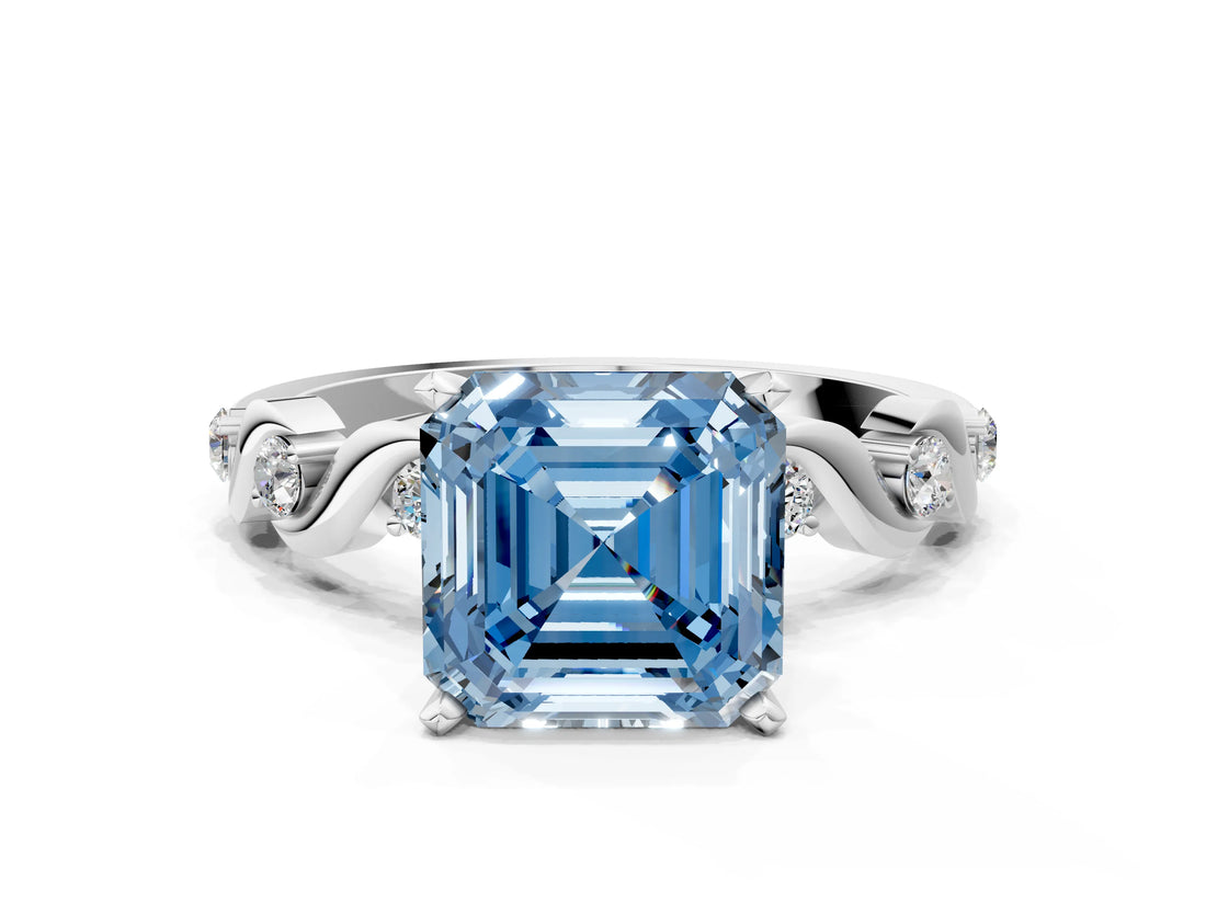 Platinum Fancy Blue Asscher  Solitaire Twisted Band with Prong Setting 1