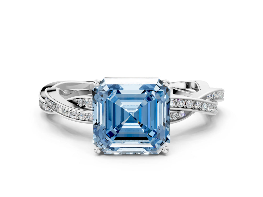 Platinum Fancy Blue Asscher  Solitaire Twisted Pave Diamond Ring with Four-Prong Setting