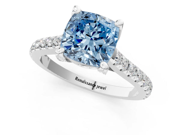Platinum Fancy Blue Cushion  Brilliant Diamond Solitaire with Pavé Band and Four-Prong Setting