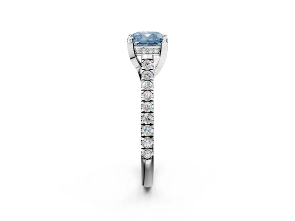 Platinum Fancy Blue Cushion  Brilliant Diamond Solitaire with Pavé Band and Four-Prong Setting