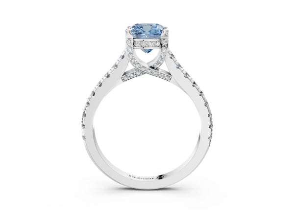 Platinum Fancy Blue Cushion  Brilliant Diamond Solitaire with Pavé Band and Four-Prong Setting