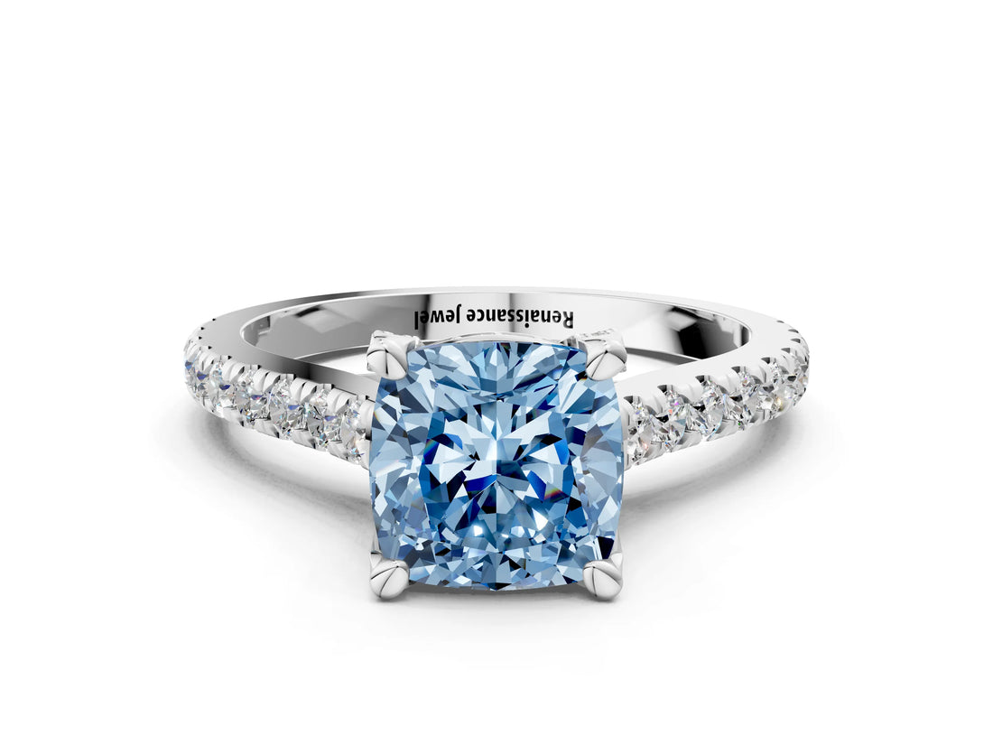 Platinum Fancy Blue Cushion  Brilliant Diamond Solitaire with Pavé Band and Four-Prong Setting