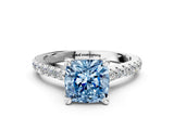 Platinum Fancy Blue Cushion  Brilliant Diamond Solitaire with Pavé Band and Four-Prong Setting