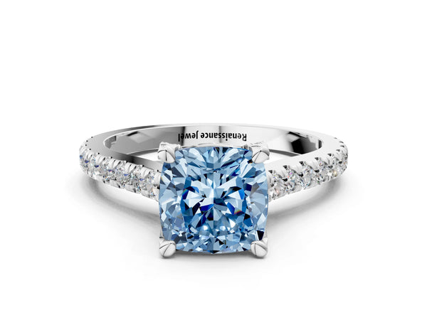 Platinum Fancy Blue Cushion  Brilliant Diamond Solitaire with Pavé Band and Four-Prong Setting