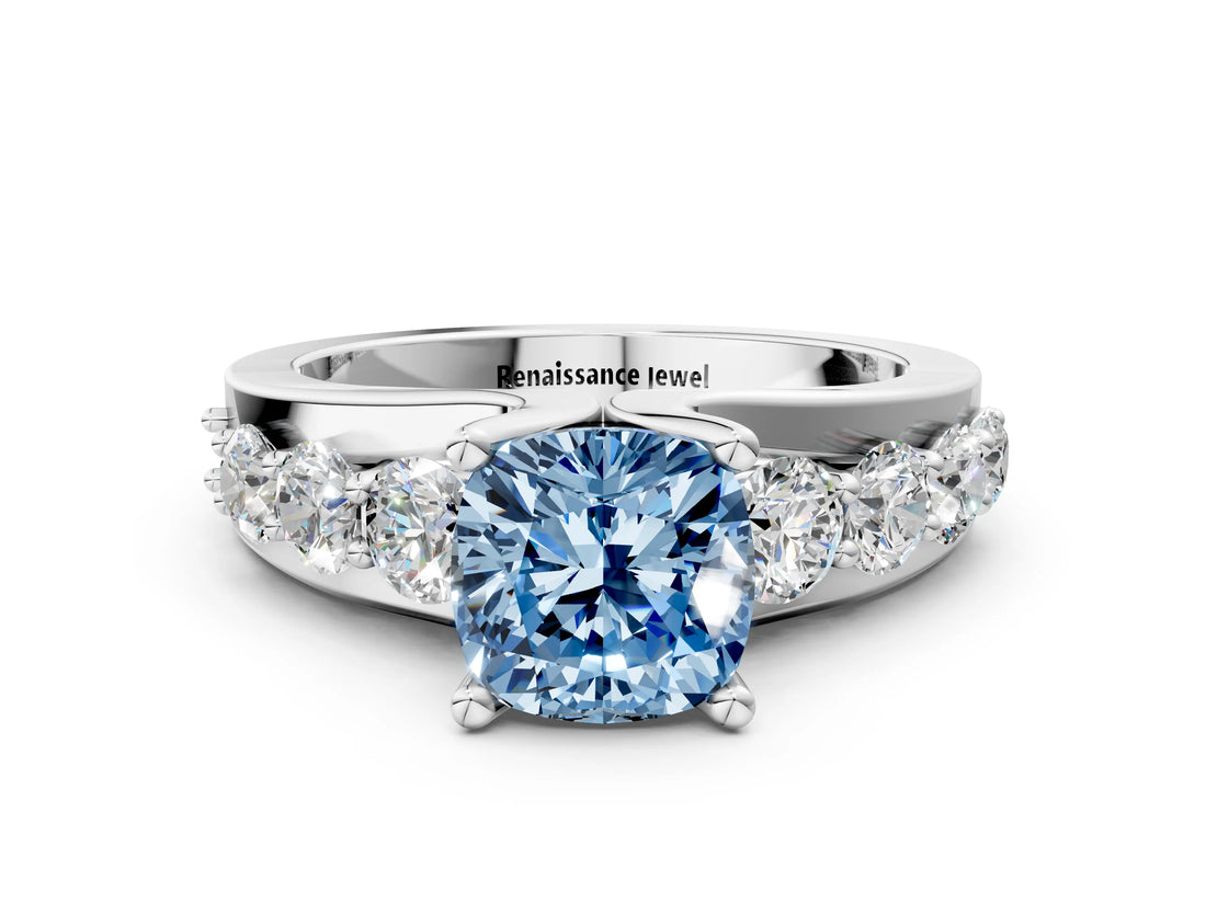 Platinum Fancy Blue Cushion  Brilliant Solitaire with Side Stones on a Pave Band and Four-Prong Setting_24