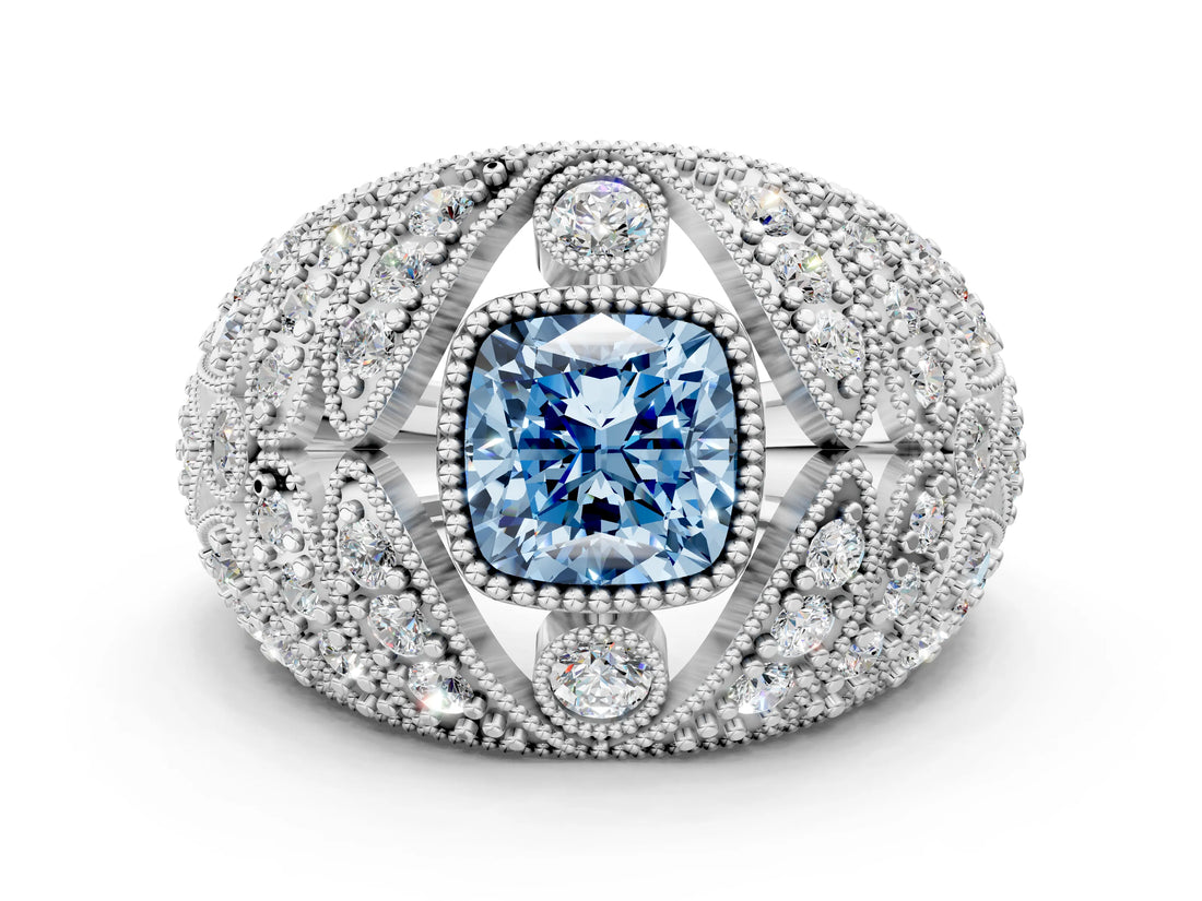 Platinum Fancy Blue Cushion Cut Brilliant Halo Pave Diamond Milgrain Ring_12