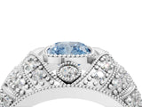 Platinum Fancy Blue Cushion Cut Brilliant Halo Pave Diamond Milgrain Ring_16