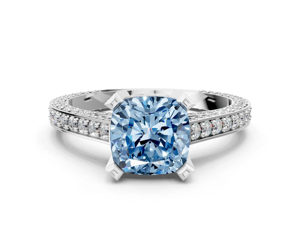 Platinum Fancy Blue Cushion Cut Brilliant Split Shank Pave Solitaire Ring with Four-Prong Setting
