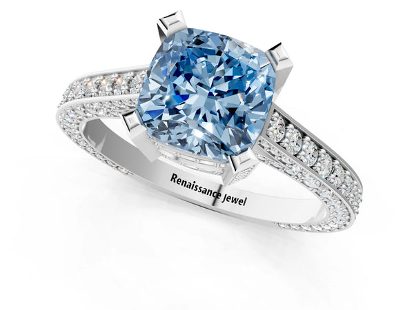 Platinum Fancy Blue Cushion Cut Brilliant Split Shank Pave Solitaire Ring with Four-Prong Setting
