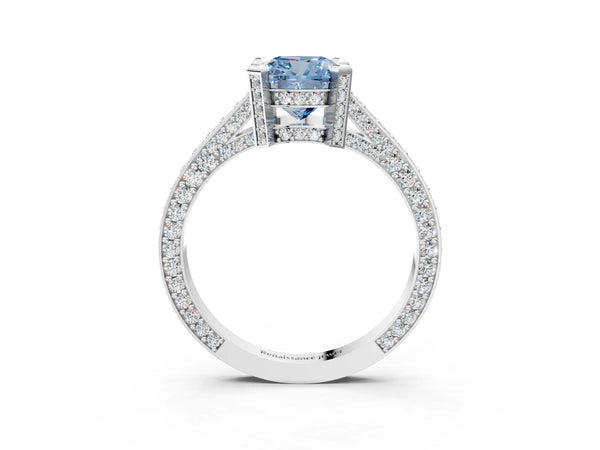 Platinum Fancy Blue Cushion Cut Brilliant Split Shank Pave Solitaire Ring with Four-Prong Setting