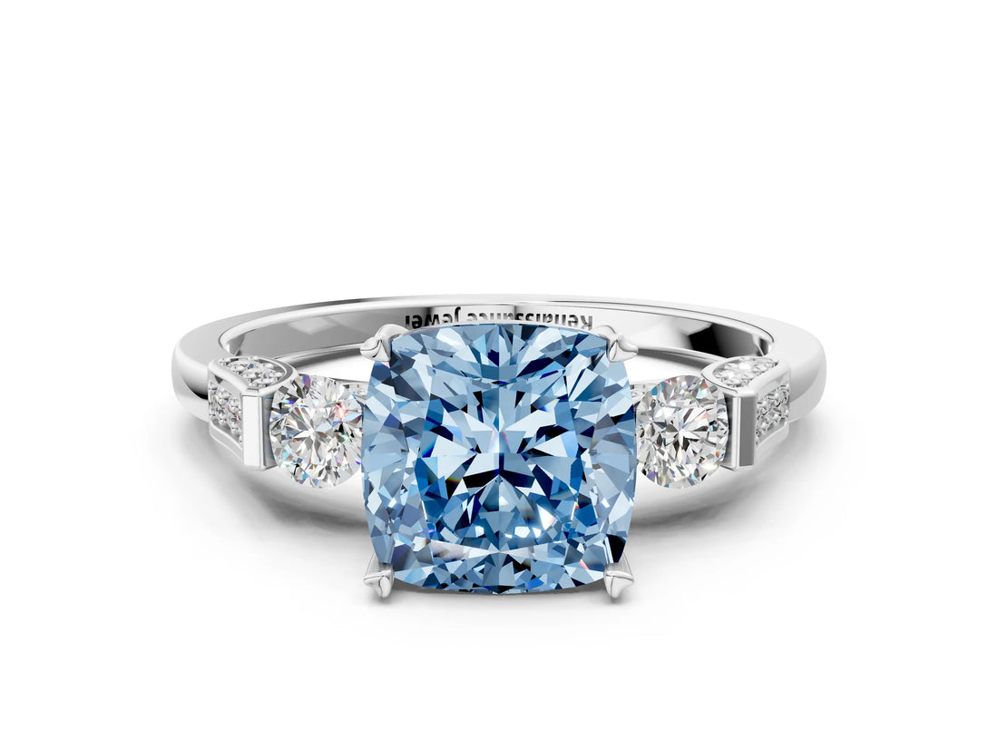 Platinum Fancy Blue Cushion Cut Brilliant Three-Stone Pave Band with Four-Prong Setting_6