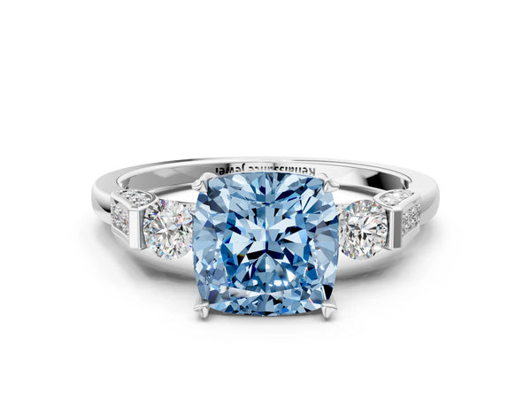 Platinum Fancy Blue Cushion Cut Brilliant Three-Stone Pave Band with Four-Prong Setting