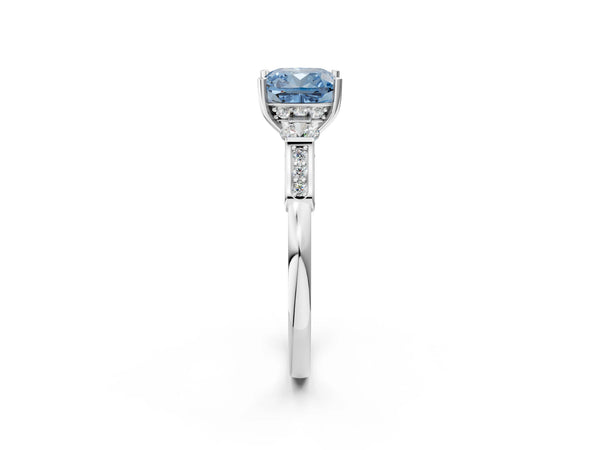 Platinum Fancy Blue Cushion Cut Brilliant Three-Stone Pave Band with Four-Prong Setting