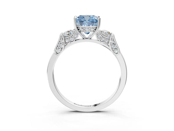 Platinum Fancy Blue Cushion Cut Brilliant Three-Stone Pave Band with Four-Prong Setting