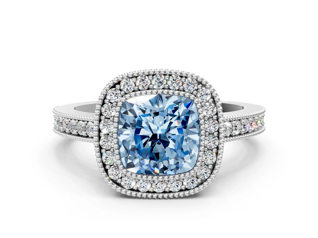 Platinum Fancy Blue Cushion Cut-Cut Diamond Halo Engagement Ring with Pave Band and Prong Setting_6