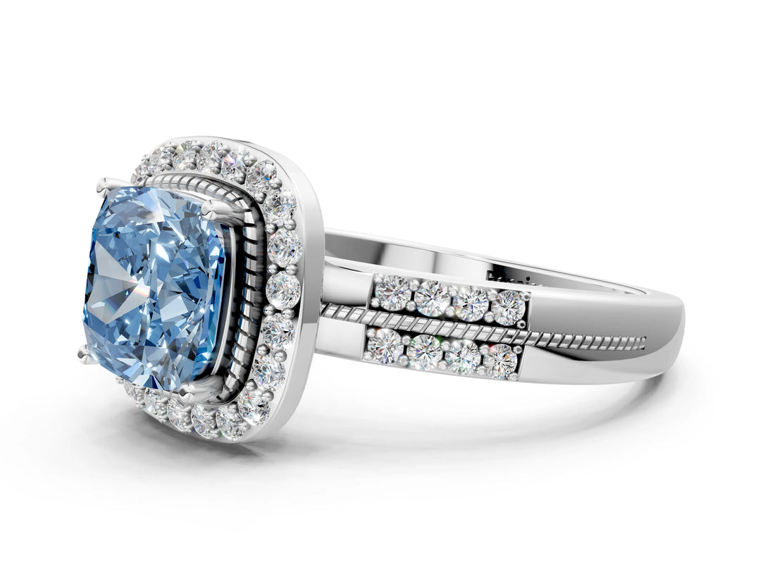 Platinum Fancy Blue Cushion Cut Diamond Double Halo Ring with Split Shank and Four-Prong Setting_6