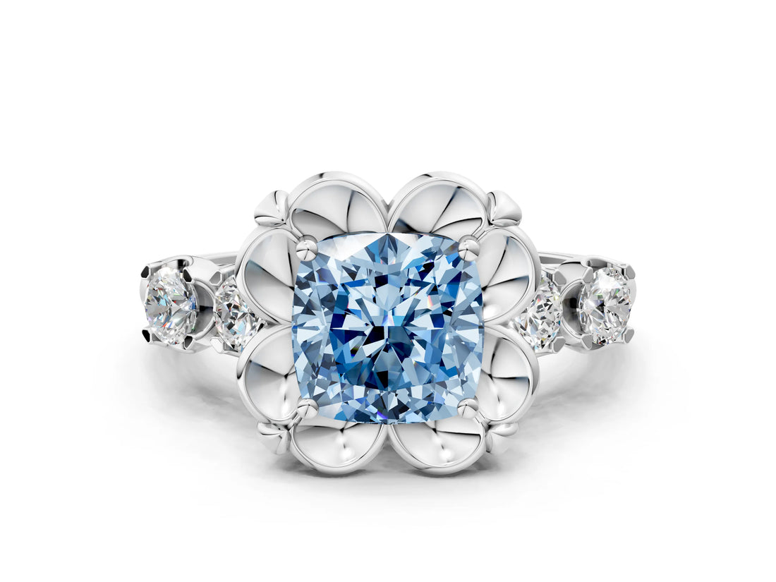 Platinum Fancy Blue Cushion  Cut Diamond Floral Halo Engagement Ring with Shared Prong Setting 1