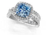 Platinum Fancy Blue Cushion Cut Diamond Halo Ring with Round Split Shank and Prong Setting_1
