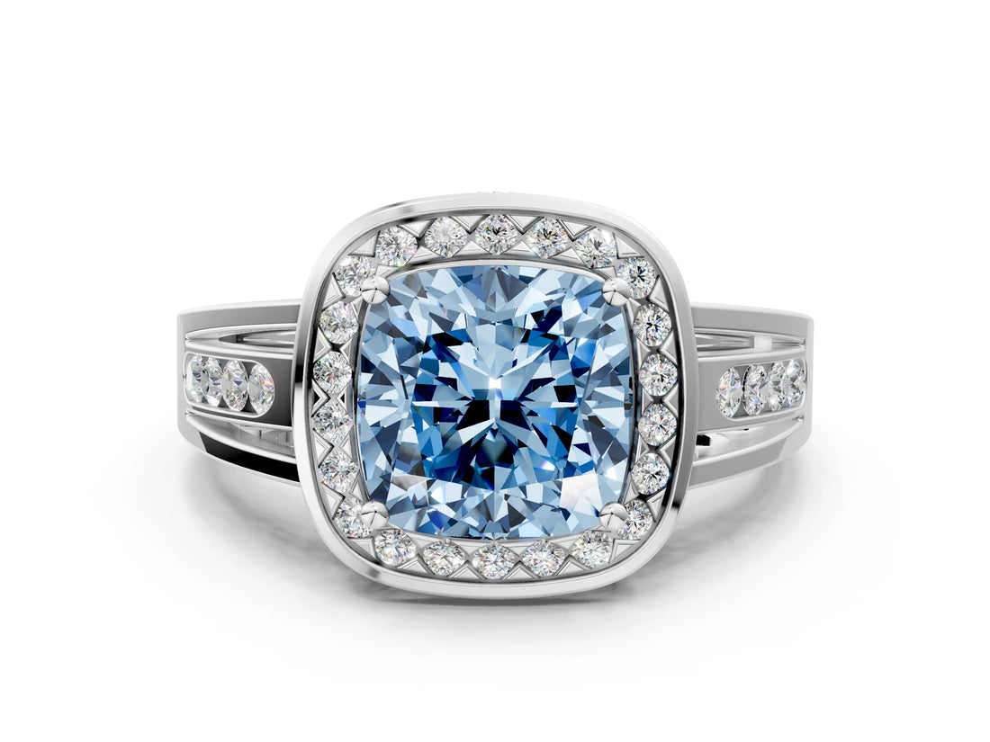 Platinum Fancy Blue Cushion Cut Diamond Halo Ring with Split Shank and Bezel Accents and Prong Setting_12
